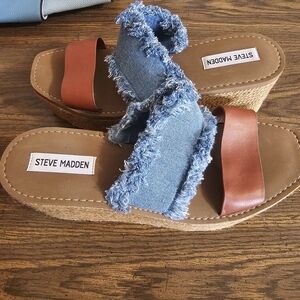 Steve Madden Denim and Brown Wedge Sandals